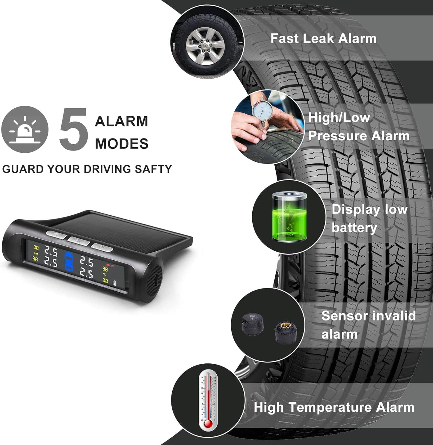 3T6B Wireless TPMS Tire Pressure Monitoring System 5 Alarm Modes, Solar Power and USB Charge with Auto Sleep Mode, LCD Display, 4 TPMS Sensors, Real Time Pressure and Temperature(0~50.75 PSI)