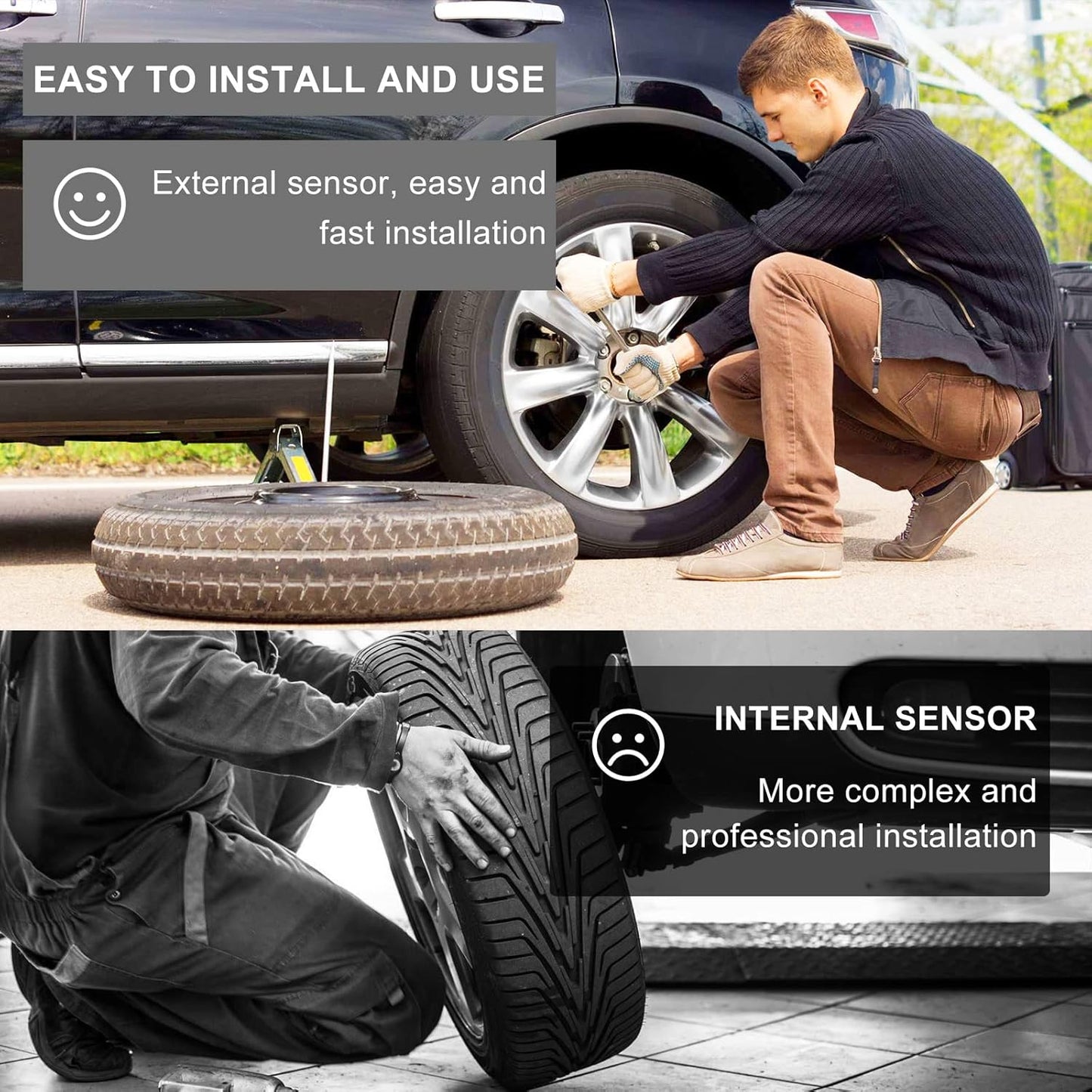 3T6B Wireless TPMS Tire Pressure Monitoring System 5 Alarm Modes, Solar Power and USB Charge with Auto Sleep Mode, LCD Display, 4 TPMS Sensors, Real Time Pressure and Temperature(0~50.75 PSI)