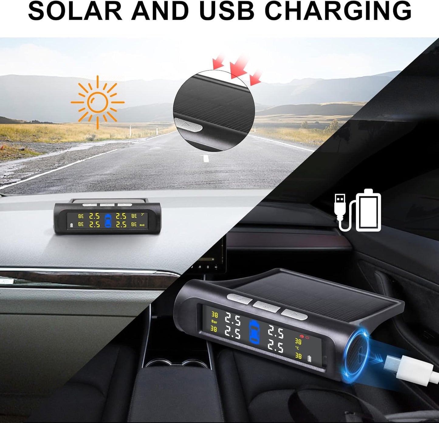 3T6B Wireless TPMS Tire Pressure Monitoring System 5 Alarm Modes, Solar Power and USB Charge with Auto Sleep Mode, LCD Display, 4 TPMS Sensors, Real Time Pressure and Temperature(0~50.75 PSI)