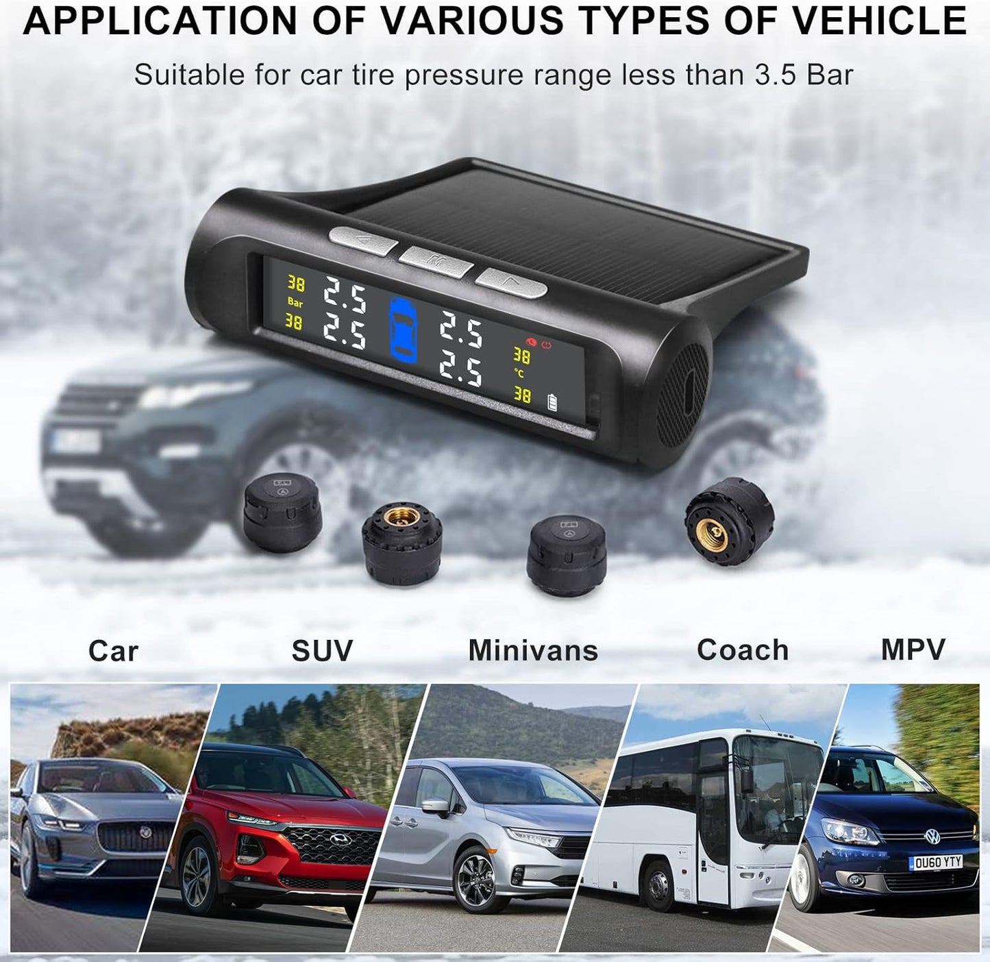 3T6B Wireless TPMS Tire Pressure Monitoring System 5 Alarm Modes, Solar Power and USB Charge with Auto Sleep Mode, LCD Display, 4 TPMS Sensors, Real Time Pressure and Temperature(0~50.75 PSI)