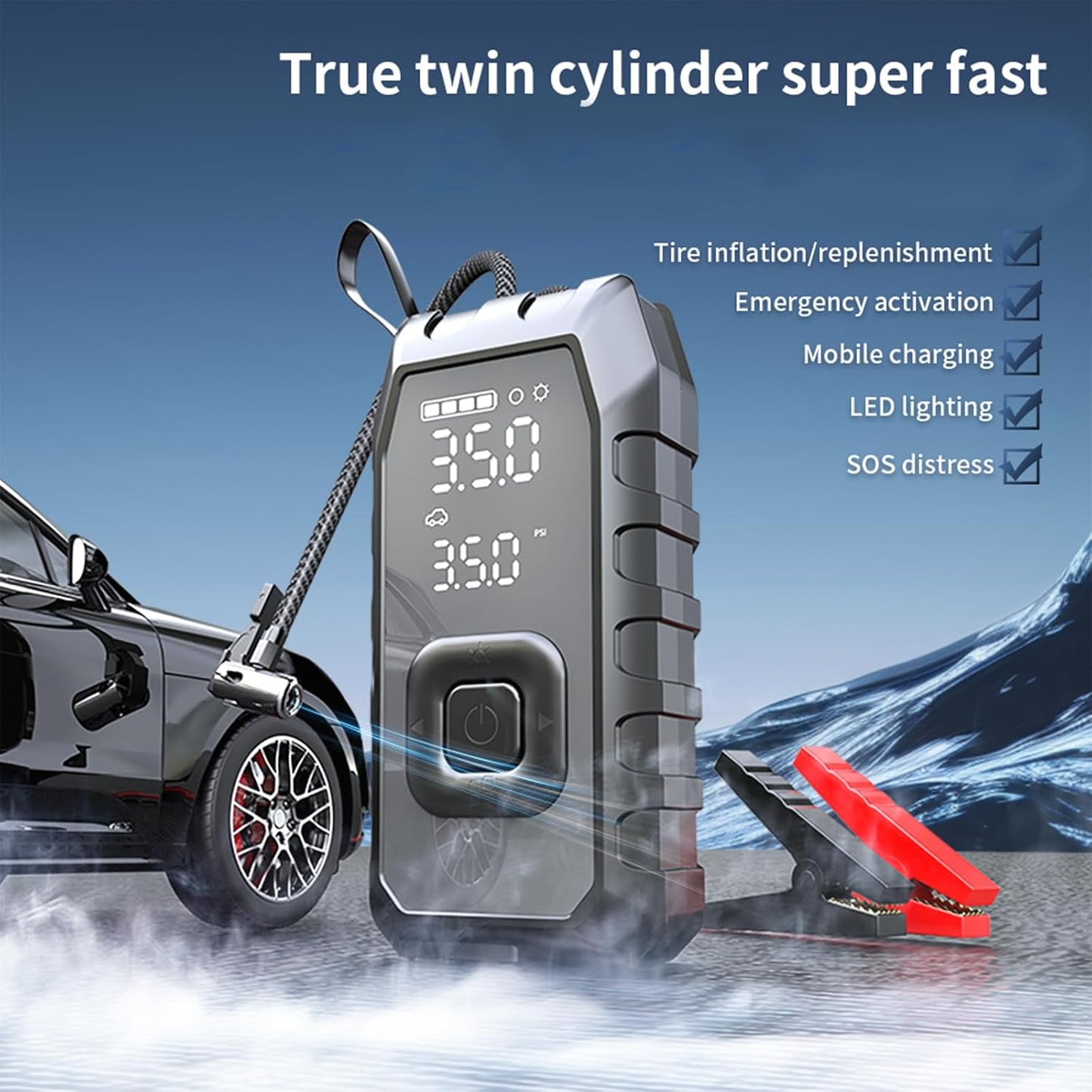 Tire Inflator Portable Air Compressor with Jump Starter, 150 PSI & 20000mAh Portable Air Pump with Twin Cylinder, DC 12V Electric Tire Pump with Emergency Light and Type-C Power Bank Charger